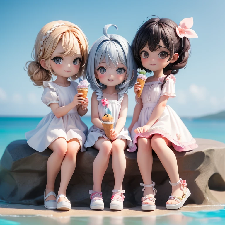 (((chibi3d)))cute and beautiful chibi anime/Bob hairstyle mixed pink and blue,Sundress with strawberry pattern print,Knitted sandals,summer beach,Palm trees.Bring your hands close to your face「hello」and shouting。