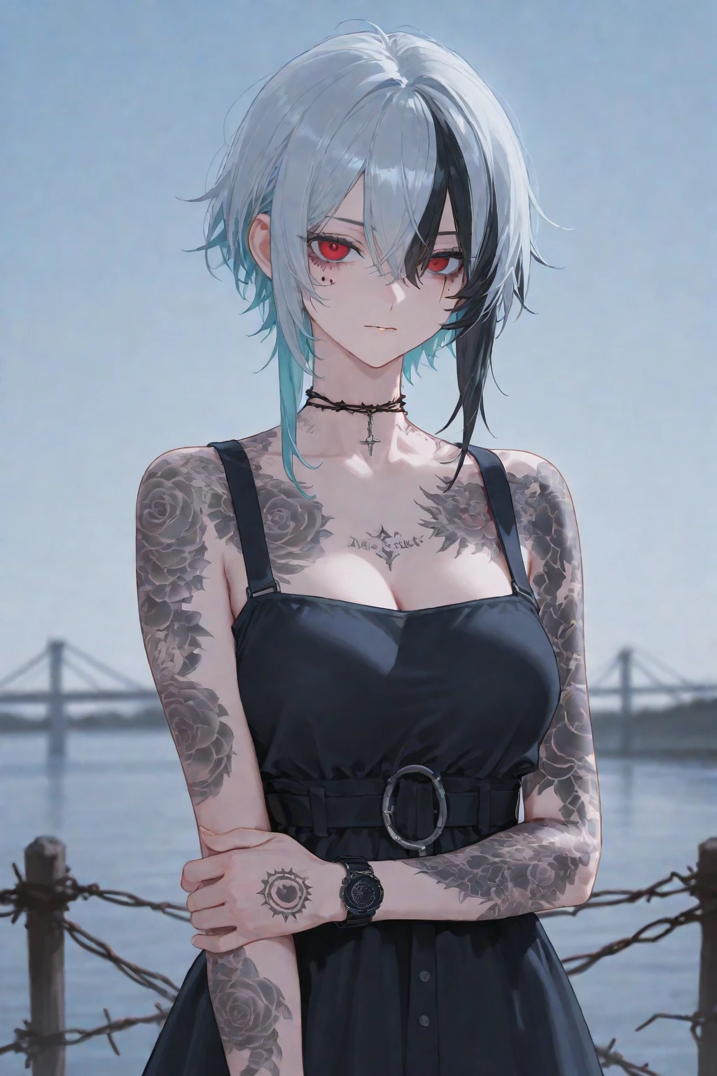 Anime illustration of a young supermodel with a toned physique, In a spicy punk crop top, Low Rise Pants, Messy Short Hair, Demonstration of various intricate tattoos, confidently standing in the middle of an abandoned street in Chiba. . Anime style, Key Visual, Vibrants, Studio anime, Highly detailed