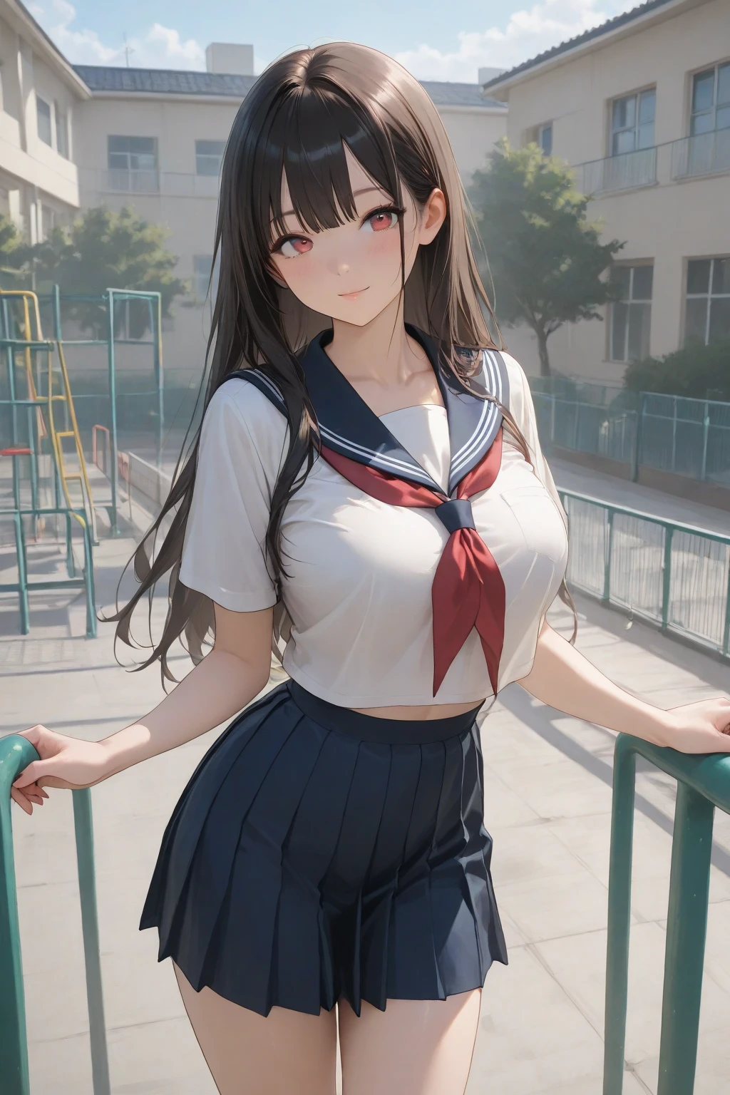 ((Tabletop, Highest quality, High resolution, Hmph, Pixel perfect,  4K, Hmph, Hmph))), 1 Girl, single, alone, Beautiful woman、I could see the whole body、 (Long Hair、Twin tails, bangs, Black Hair)), ((Purple eyes, Beautiful eyelashes, Realistic eyes)), ((Detailed face, blush:1.2)), ((Smooth texture:0.75, Realistic texture:0.65, Realistic:1.1, Anime CG Style)), A big bust that seems to burst:1.7, Dynamic Angle, Perfect body,  ((Red bow tie, , White shirt, Black Skirt, Checked skirt)), City Stairs、Looking up from the bottom of the stairs、Very embarrassing panic smile, looked back、Lean forward、(The wind blew up her skirt, exposing her buttocks...........................、Touch your buttocks with both hands、Lace T-back panties)、