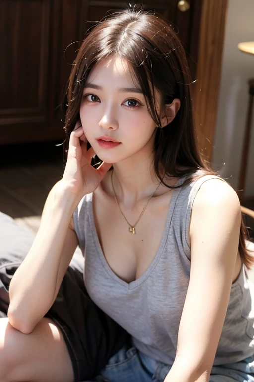 (A hyper-realistic), (illustratio), (hight resolution), (8K), (ighly detailed), (The best illustrations), (beatiful detailed eyes), (top-quality), (ultra-detailliert), (masterpiece), (wall-paper), (详细的脸), a bed、Upper body close-up,Armpit, A smile,Plump,独奏,Girl in white tank top with open chest, japanes, large full breasts, (camel's toe)、huge-breasted、Detailed, well-groomed white teeth、Ultimate Beauty、shot on the Canon EOS R 6、full of sweat、(beautiful detailed teeth)、Silver necklace、Park with sunshine、Perfect and beautiful female hands、Perfect tooth alignment、Perfect fingers、Navel dashi、Mansuji、Beautiful butt、mekosji、sexy panties、