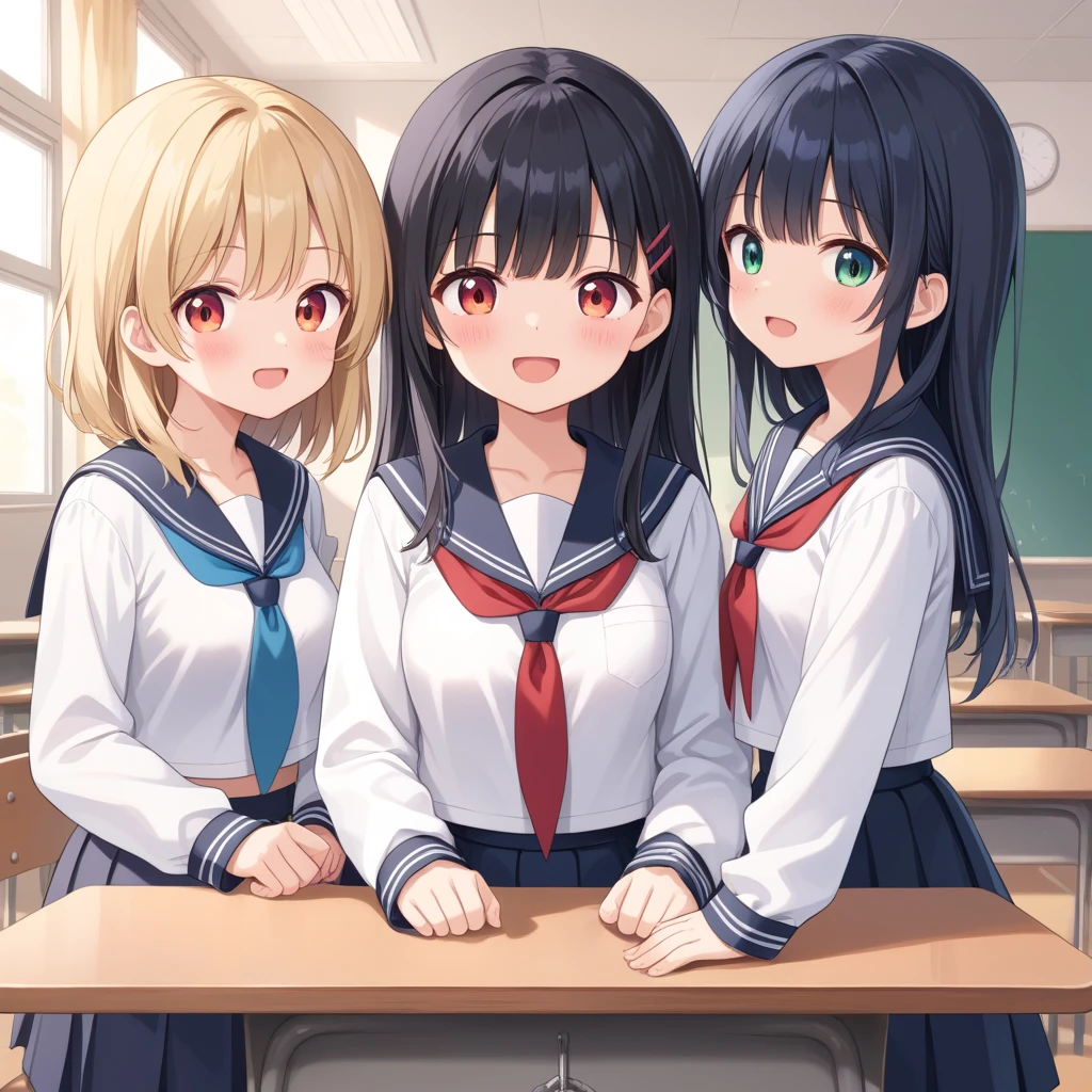 3 girls, strapped to chairs, tied up, (blushing, red face, crying, terrified), (ankle cuffs, ankles tied, wrist cuffs, wrists tied), long hair, beautiful eyes, (((short sleeves, tight clothing, sailor uniform, ))), perfect body, perfect face, perfect eyes, detailed eyes, full body