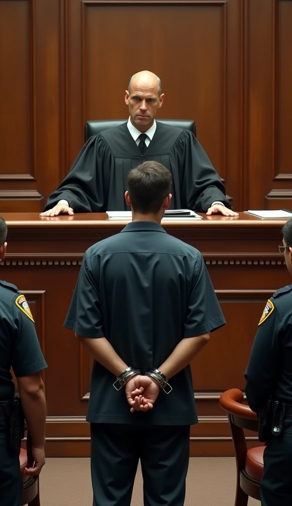Image of a criminal judge in a courtroom, sentencing a male defendant who is in the back of the courtroom dressed in orange, who is sad, handcuffed, and seated. 