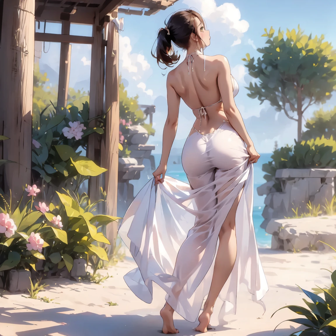 sensual beautiful woman, sensual dress, all tattooed body, low-cut dress, sun lighting, long dress, transparent dress beautiful woman, back,