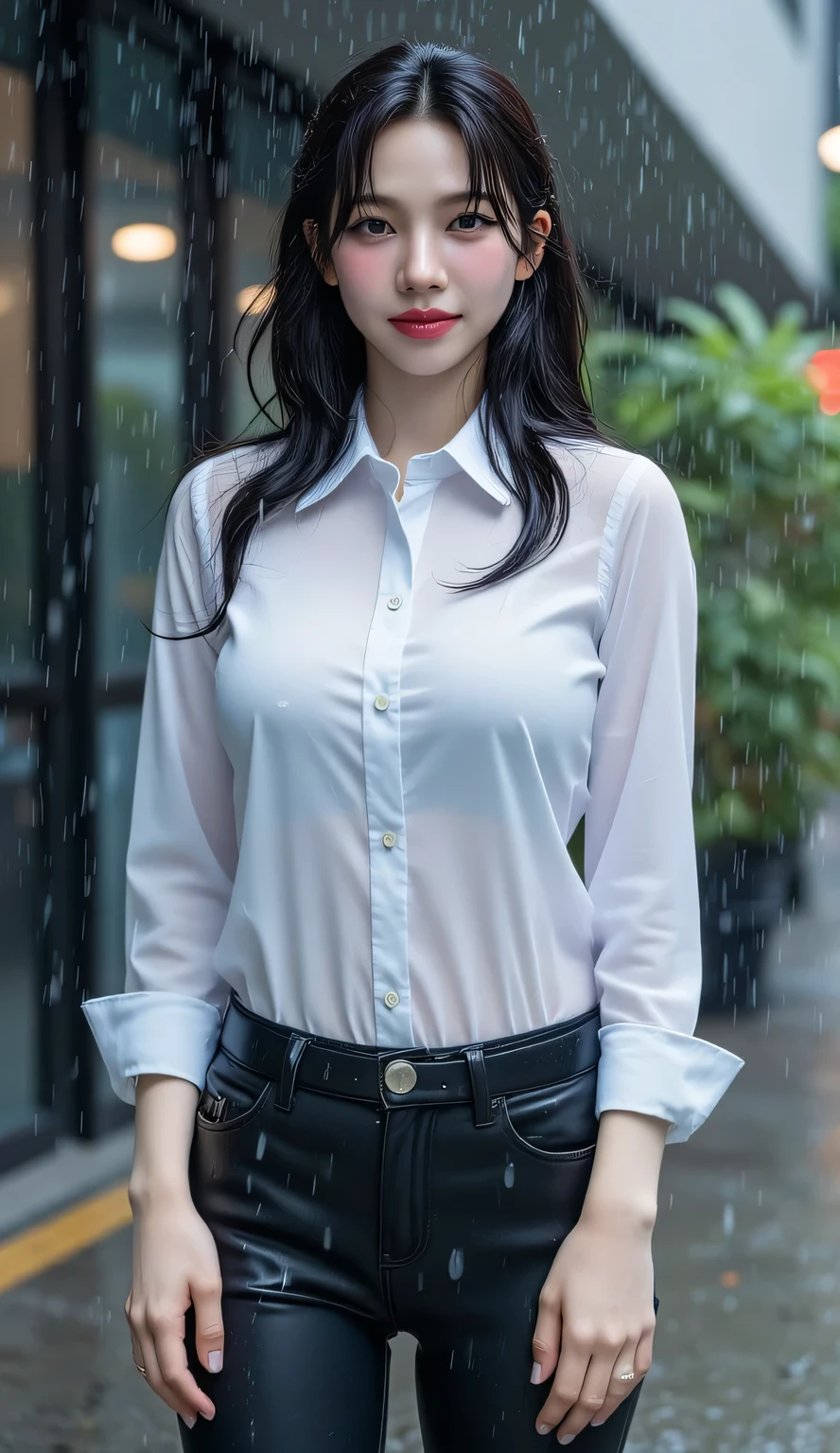 (It's raining heavily: 1.5), (((High school girl dancing in the schoolyard in the rain: 1.5))), (Cute 18 year old high school girl), (((Full body soaking wet with rain: 1.5 ))), (fun expression: 1.5), (((hair is wet in the rain, bangs are wet in the rain, uniform collar blouse is wet in the rain))), ((blouse is transparent 2)), ((skirt is wet)), ((not wearing a bra)), ((nipple shadow is visible on the chest: 1.2)) , (loosely tied ribbon: 1.5), ((1 woman: 1.5)), (anatomically correct proportions), sexy proportions, ((attractive pose: 2)), ((standing posture)) ,((above the knee shot:1.5)), detailed face, detailed hair, detailed skin, small face: 1.2, no makeup, big breasts, ((short torso:1.2)), Thin waist, Small ass, ((1 screen)), 8K, RAW shot, Highest quality, Masterpiece, realistic pictures