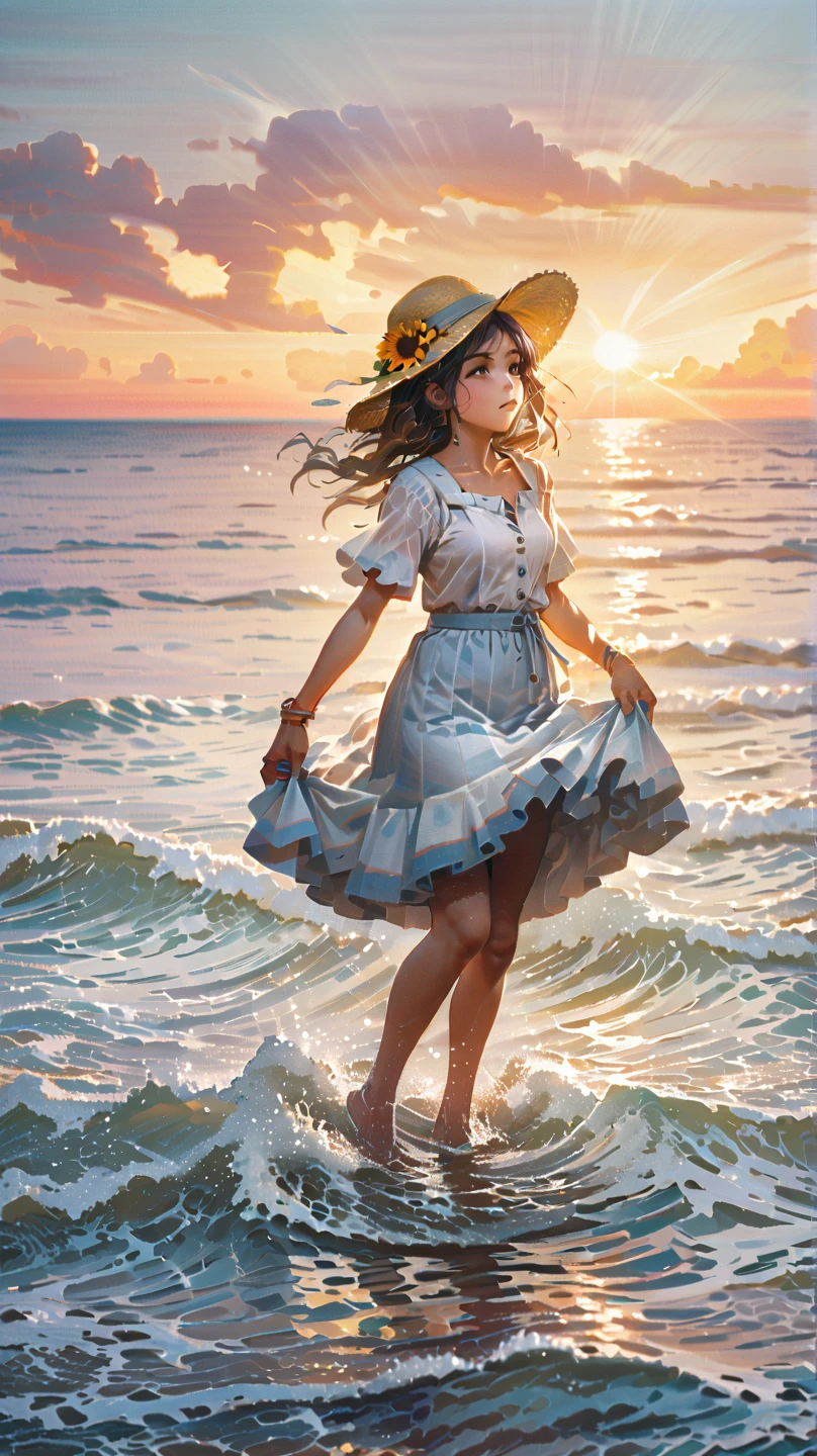 A girl in a summer sailor uniform stands by the water on the beach at sunset Splashes at your feet Hair fluttering in the wind Backlight Golden light of the evening