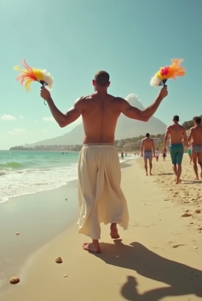 young, beautiful, elegant, white, skinny, elegant shirtless face standing, ,sin remera en la playa boxer  Rojo white y azul playera  y una bandera Paraguay que lleva mientras muchos publico le aplaude y celebra con muchas burbuja en su alrrededor pasarela masculina