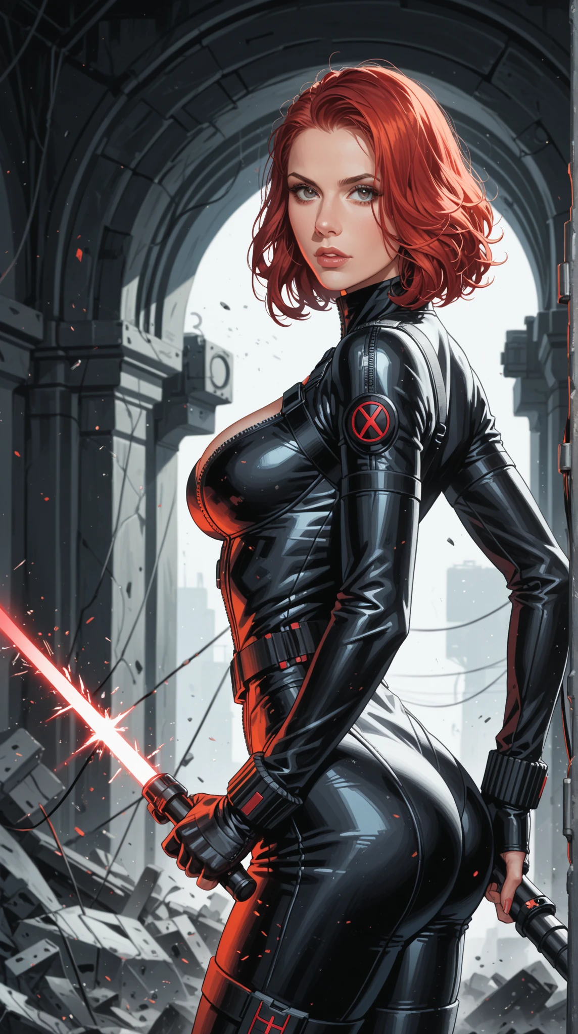 The image features a girl with long, bright red hair, dressed in a sleek skin-tight shiny black latex bodysuit with a deep-cut zipper neckline revealing a large chest, the silver zipper running down the front. The suit is complemented by her iron wrist guard on both wrists and a belt made of silver circles around her waist. She holds a gun in each hand in a ready position, while her other hand is touching her hair. Placed against a dark city backdrop, the scene includes buildings and might contain elements resembling a clock tower, suggesting an urban setting. This composition is emblematic of a superhero genre, highlighting central and ancillary characters, with an overtone of action and vigilance.