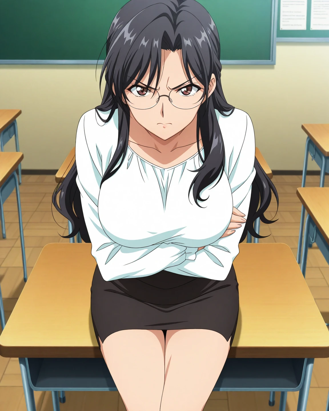 sitting at table, blue shirt, black short skirt, classroom background, kanu unchou, anime cels style, best quality, high resolution, 1girl, (huge breasts:1.2), beautiful face, black hair, long hair, ((hair over one eye)), blue eye, navel, cowboy shot