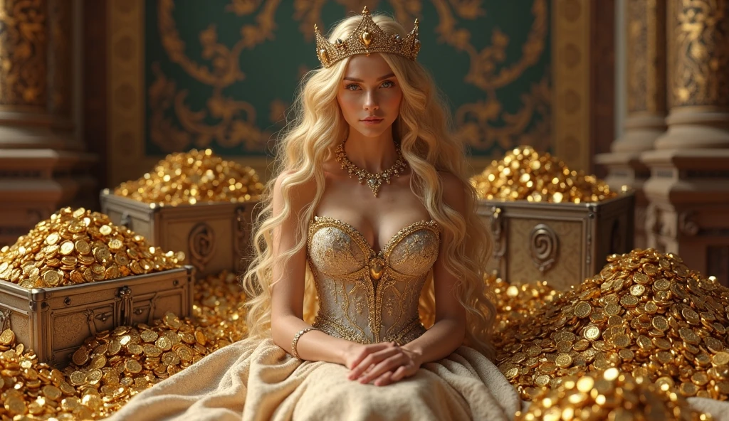 (by Greg Rutkowski: 1.2), ((masterpiece, best quality)), extremely delicate and beautiful, illustration, (highly detailed face and body, highly detailed eyes, perfect hand). ((busty beautiful aristocrat, blonde gradient hair elegantly coiled, royal hair style, clear eyes, golden accent royal dress, sit elegantly on a couch)), ((full-body)), captivating gaze, HD. elegance. photorealism. Unreal engine. From Brian Froud and Carne Griffiths and Wadim Kashin and John William Waterhouse, 8K post-production, high resolution, hyperdetailed, depth of field, HDR, intricate