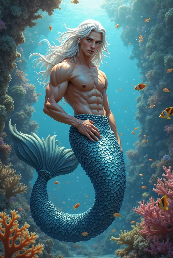 1 male mermaid, (male mermaid model) hot skin, masterpiece, top quality, most handsome merman in the world, by Tham Quan, perfect body, beautiful male model, attractive male lead 20- 25 perfect age, white hair, summer, sea water, blue sky, white clouds, solid and handsome young merman, UHD, 8k, Men's screen only .8k Ultra HD, DSLR, low light, high quality, film grain, Fujifilm XT3, men's fin