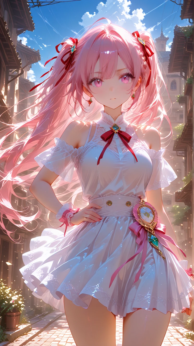 Inori was a beautiful girl with light pink hair that changes to hot pink and is tied in braids, she tied her hair with two tubes and had a small red barrette on the left side of her face. Inori had red eyes, she was about 166 cm tall and had small lips with gloss. She looked very fragile, had a very slender figure. She also wears a short black dress with white lining at the bottom and red ribbons at the bottom, which she wears when not fighting.