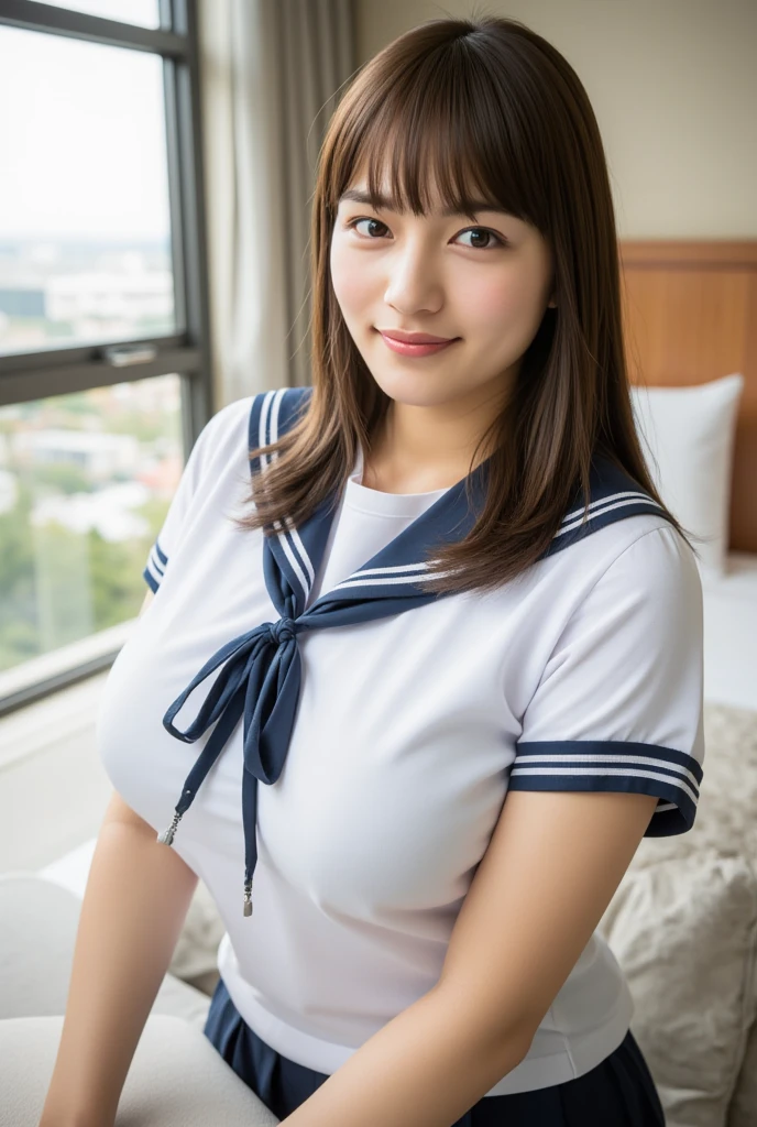 ((Highest quality、masterpiece、High resolution))、(((Zoom photo from above)))、(A shy smile:1.2)、15-year-old female、Beautiful Skin、Beautiful Eyes、Cleavage、Sailor suit、Black Hair、Straight hair、Shorn bangs、room