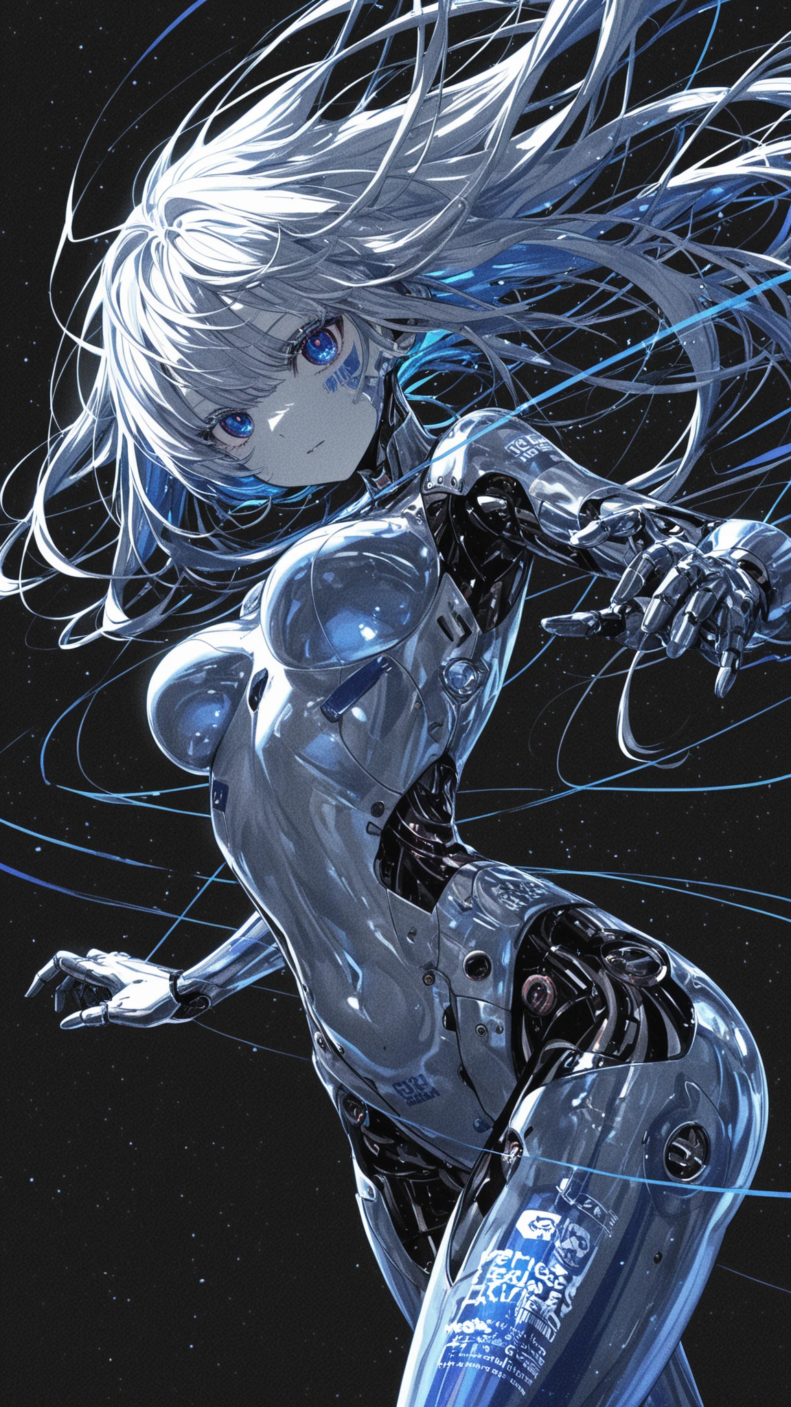 In a futuristic setting, emanates an ethereal figure composed of lines of bright light and floating code fragments. Its form is a fusion of humanoid and abstract elements, with smooth contours suggesting a friendly and welcoming presence. Its face is marked by gentle lines and a faint light that highlights its features. Its limbs are fluid and flexible, able to move with grace and precision. Overall, it appears to be an embodiment of artificial intelligence, blending the human with the technological in a unique and captivating form