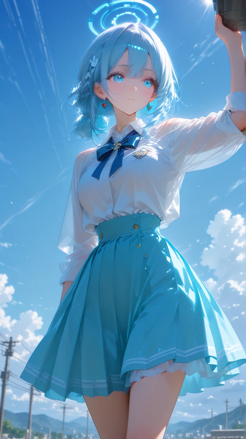 (masterpiece), (best quality), (4k resolution), (anatomy; perfect), character Hatsune Miku, 1 girl, light skin, blue eyes, (big blue hair), (locks, bangs), tied hair of both sides, (hair lighting effects), eyebrow, nose, ear, mouth, lips, long sleeve blouse, short skirt, tights, (medium chest), (perfect waist), thick legs, thick thighs, background scenery, effect water, blue background, water, water bubble, all water