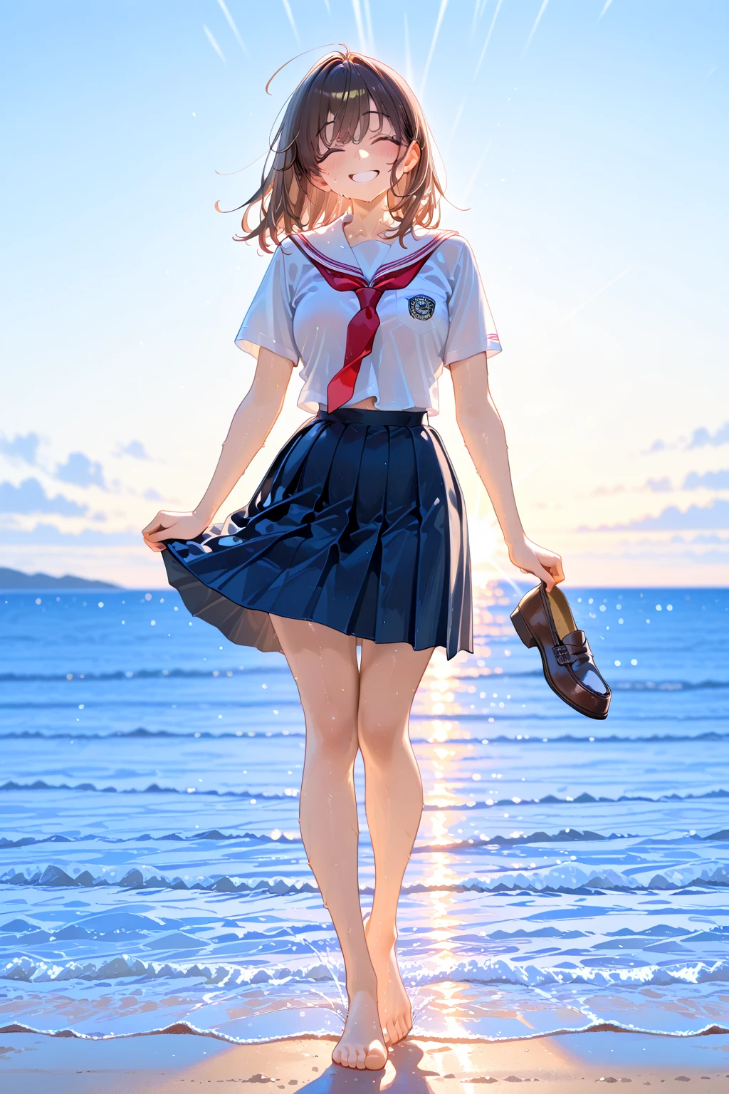 Have by the sea，schoolgirls，Red skirt，rays of sunshine --auto