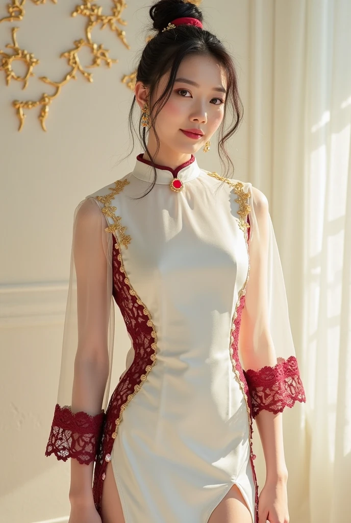 1 very pretty girl, walking alone, 27 years old, girl wearing a bridal gown, ao dai and hair jewelry, young girl wearing a white ao dai, red and yellow silk pants, red and white hugging ao dai, fabric long thin, wear with ao dai, luxurious and mysterious dark version, hair jewelry with many intricate patterns, head jewelry, red lips, thin and beautiful lips, charming smile that captivates viewers, fine details, detailed background, super detailed, magic lighting, beautiful lighting effects, clear face, shoulder length hair, beautiful and well-proportioned face, (transparent yellow eyes : 1.8), big round eyes and very beautiful and meticulous, wearing silk ao dai, mysterious makeup, jewelry on ao dai, bangs flat and dyed in light yellow, medium-sized, regular breasts, big buttocks, flat belly, curves perfect girl body, girl portrait, upper half, hanged, Real and alive, (star: 1.7), (zodiac sky: 1.8), fiction , RAW photo, Vietnam Ao Dai photo, photo most beautiful, 8k, best quality 8k photos, surreal, most realistic,