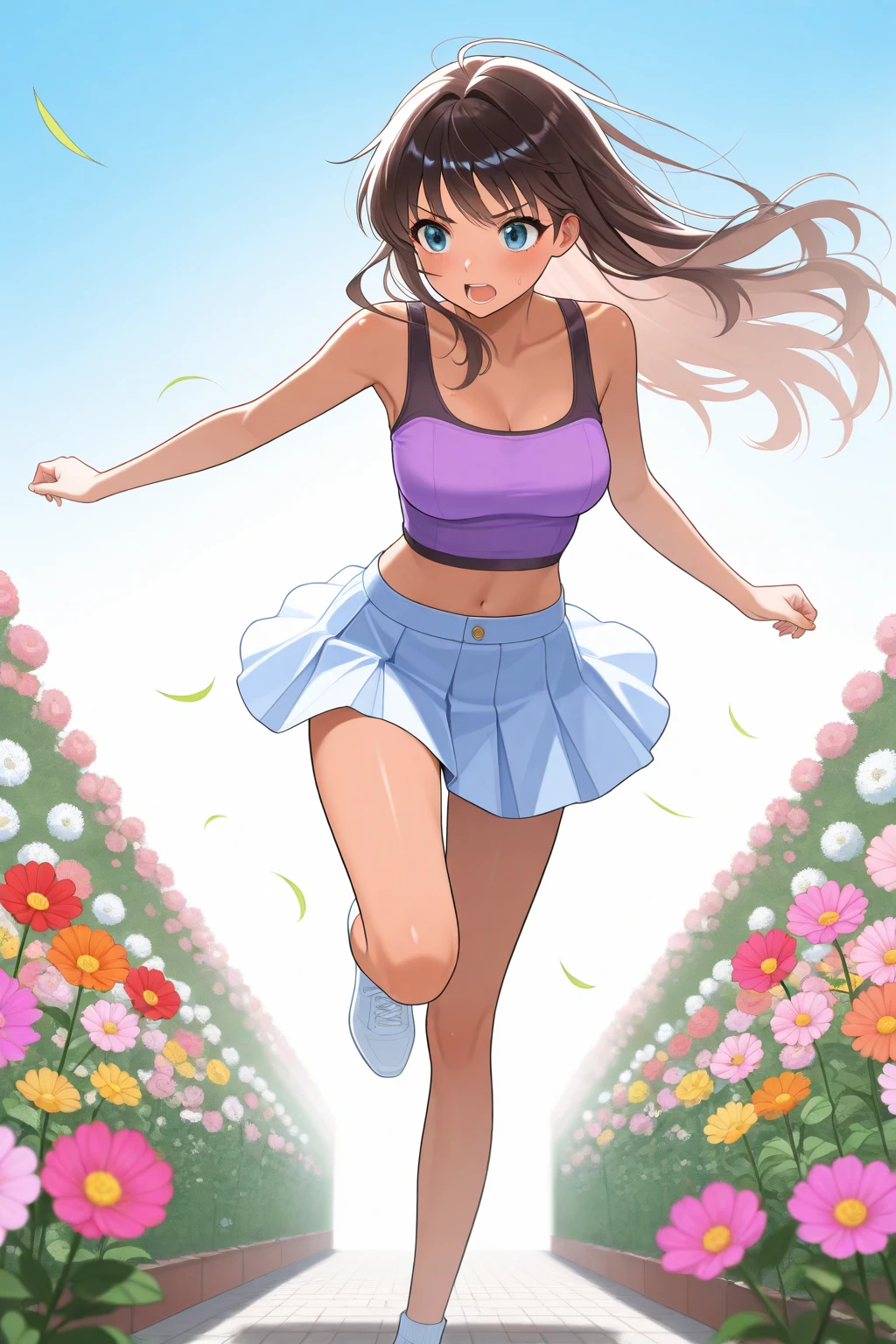 a girl walking through a garden full of beautiful flowers, full body, 1trainerleaf1, sleeveless shirt, black wristbands, visible thighs,thick thighs,red skirt,blue shirt, brown eyes, white hat, innocent look, His expression reflects joy and happiness, blushing holding a bouquet of flowers, looking to the camera
