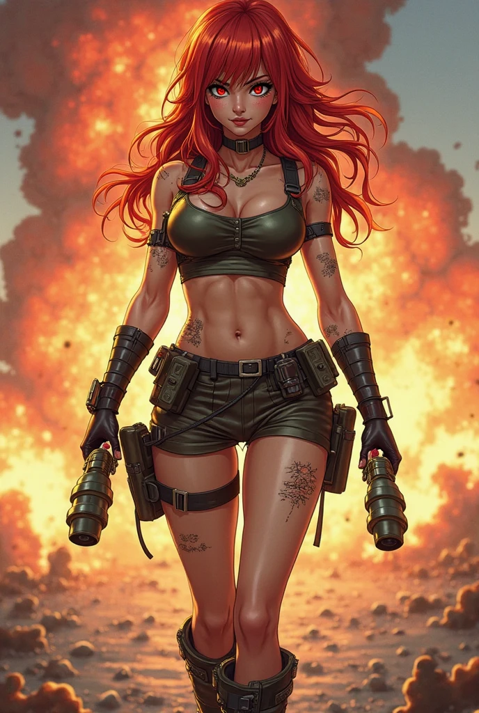 Jennifer Korbin, ginger hair, sexy warrior, apocalyptic survivor, leather belts, slight smile, fiery backdrop, seductive, bikini,