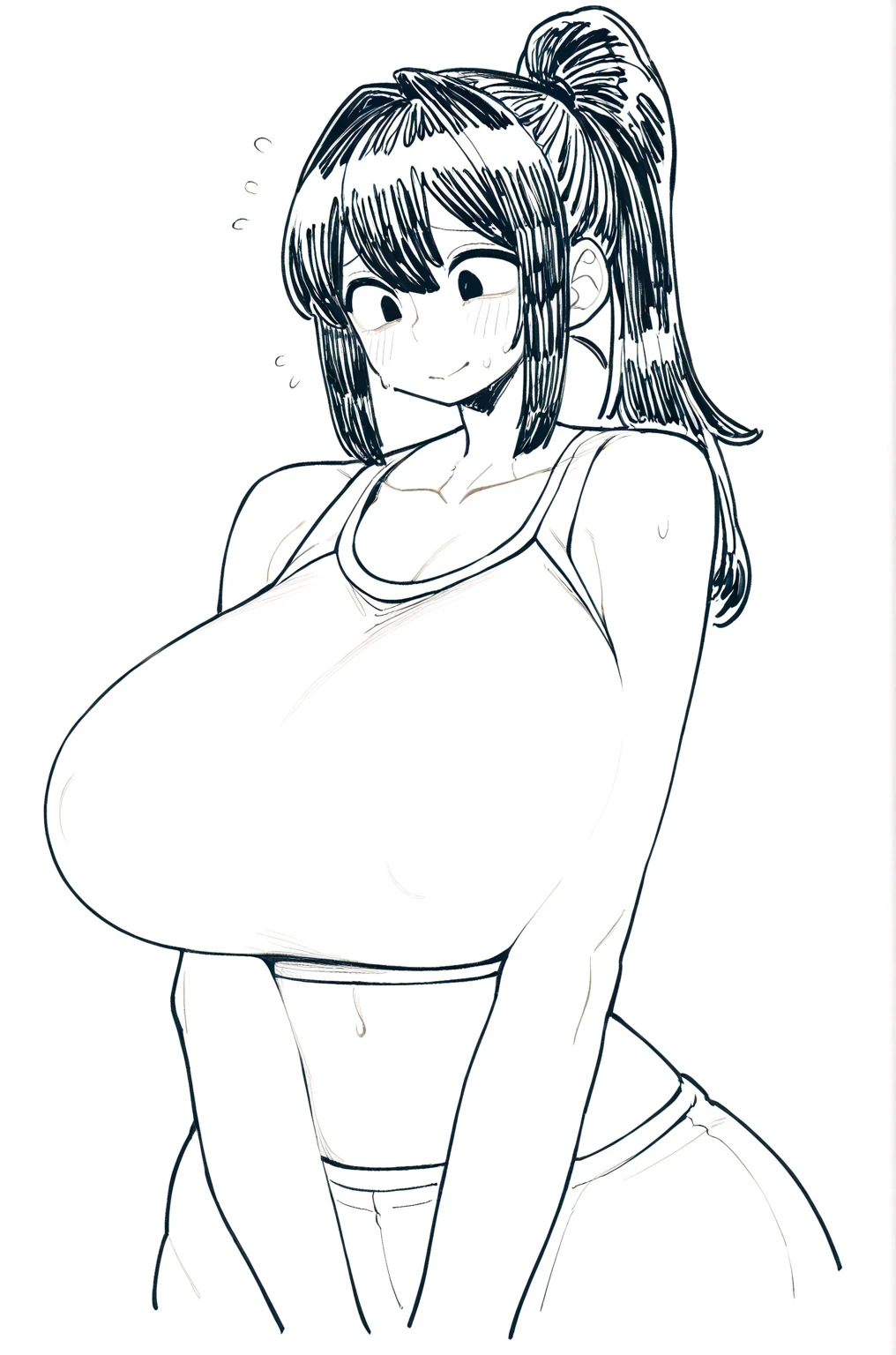 masterpiece, highest quality, High resolution, One girl, alone, sexual intercourse, Pornographic images, short hair, etsukoto, Brown eyes, fine grain, fine grain, (((Thick thighs, Plump thighs, Voluptuous thighs, Thighs alone are enough))), Huge and ample breasts, Cleavage, Huge long breasts, Naughty big,((Big breasts are important))、((Naughty thighs)), L Cup, (thin:1.4),(Tight waist:1.4), (((white gym shirt, red buruma))), anguish, :o, blush, (((Simple Background))), ((Wide Hips)), Shiny, Oily skin, Mature mother, Calf, Seductive mature woman, Perfect body, Plus Size Model, curvy, ample, etsukoto, blush, clavicle, retro artstyle, 1990s (style), (thick thighs:1.4), (((bursting thigh))), stretching, arms up, from side, nsfw,