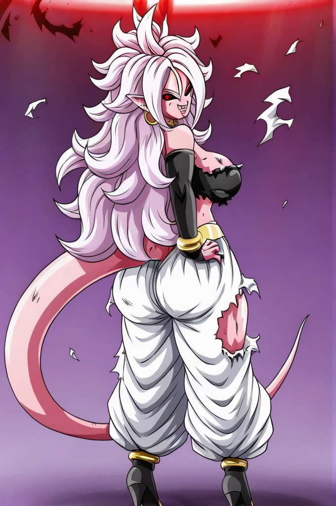 source_anime, score_9, score_8_up, score_7_up, anime screencap, 1girl, evil smile, exploding clothes, majin,, solo, long hair, breasts, earclip, white hair, earrings, detached sleeves, pointy ears, torn clothes, majin eyes, tube top, pink skin, android 21, teeth, breasts,, blush, room, indoors, highres, navel, looking down, hands on stomach,