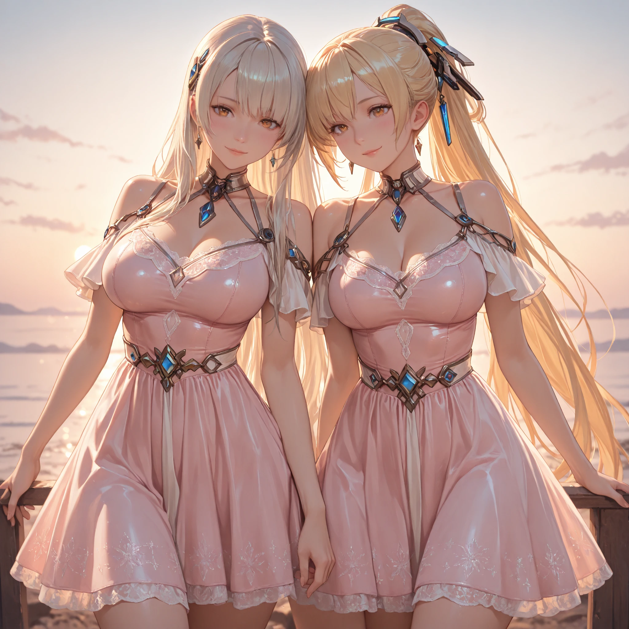 Three beautiful fair-skinned women in bikinis pose for a group photo on the beach, seductive anime girls, beautiful and seductive anime woman, Guviz-style artwork, Perfect white haired girl, Guviz, Beautiful anime girl, ross tran. scenery background, in beach, Beautiful anime woman, trending on artstation pixiv, Extremely detailed Artgerm, Beautiful anime beauty，Extra-large big breasts，Blush，Perfect body slim curves，8K romantic art photos，