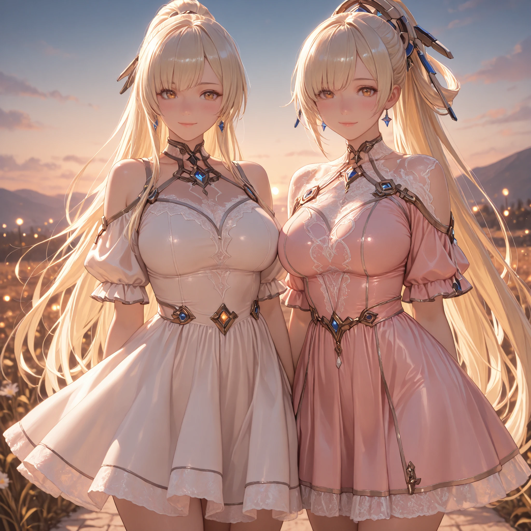 blonde hair, hair ribbon, crescent hair ornament, hollow eyes, one eye closed, pupils sparkling, anaglyph, stereogram, tachi-e, pov, atmospheric perspective, backlighting, stereogram, super detail, ccurate, best quality, UHD, 16k,Beautuful Women,Good skin texture,Good leg shape,Big chest,Staff in hand,The skirt is flowing --auto