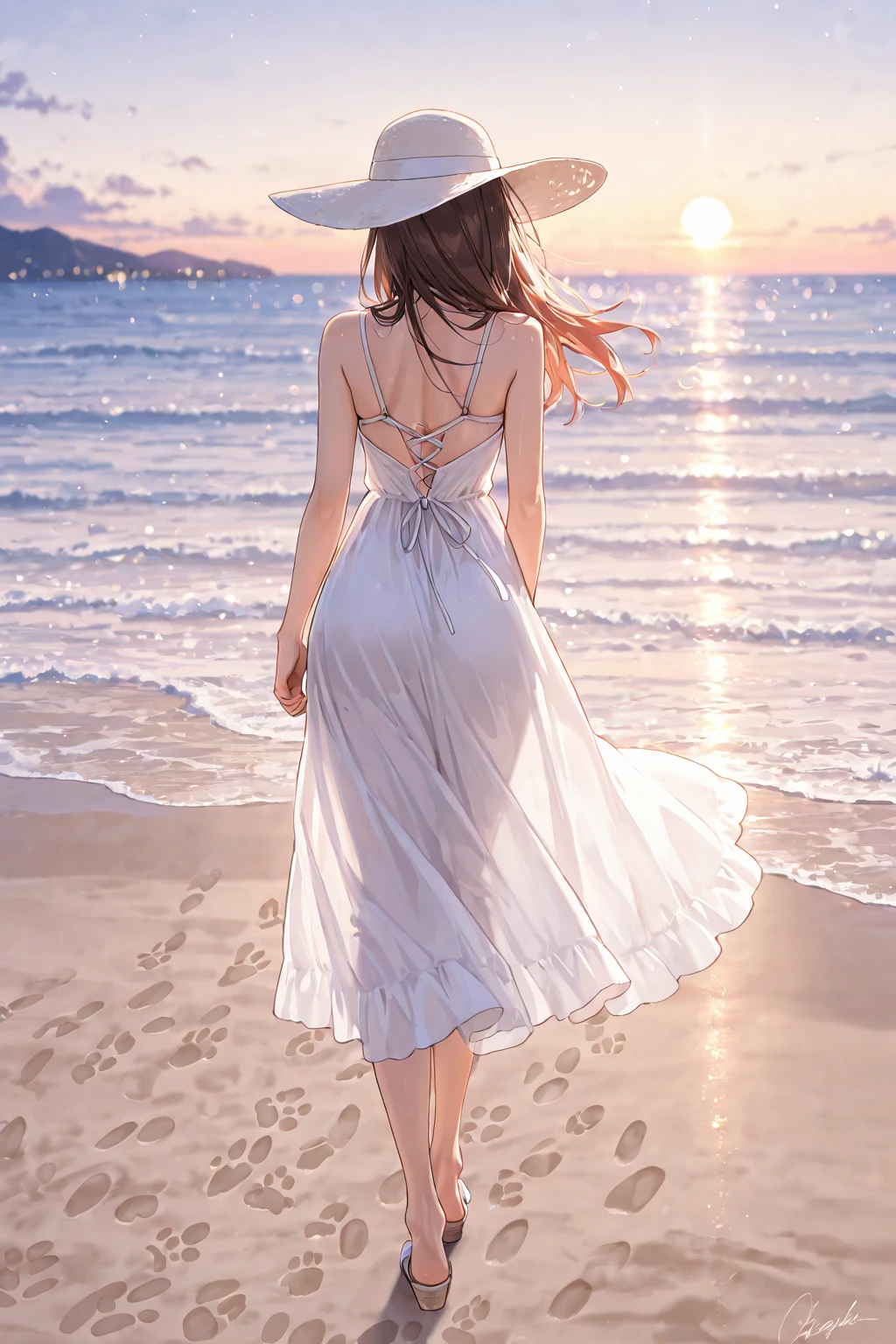 1girl, solo, dress, long hair, black hair, barefoot, beach, water, white dress, waves, from above, footprints, holding shoes, from behind, ocean, sand, outdoors, bare shoulders <lora:SilvermoonMix12:1>