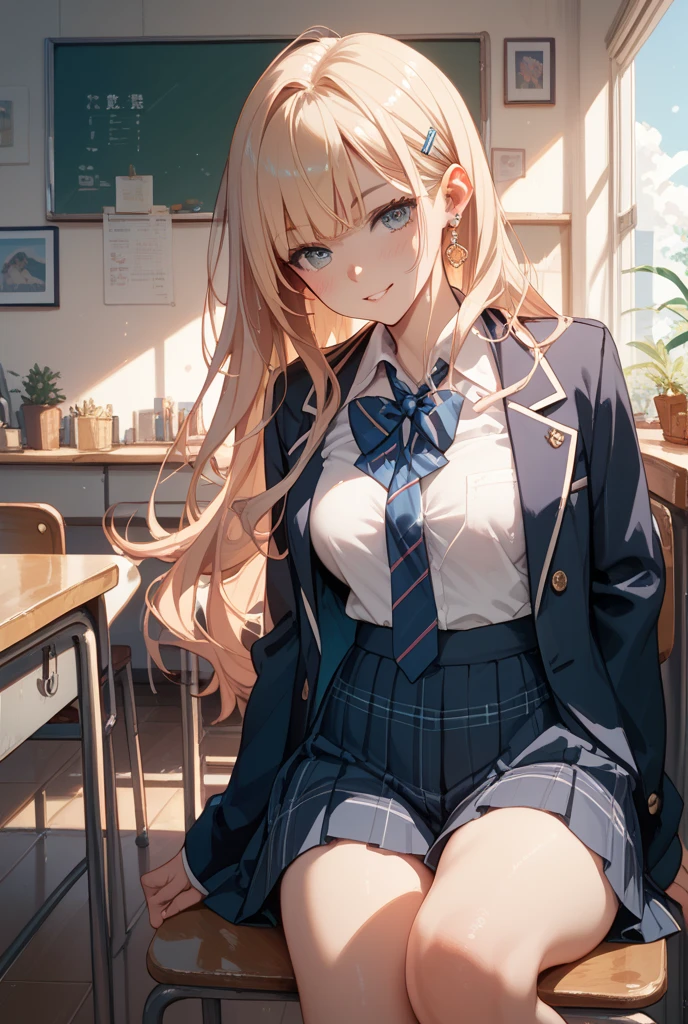 (Best quality, 8K, A high resolution, Masterpiece:1.2),female high-school student，School flowers，haughty，Miss Rich Family，ojousama, student, blonde hair, hair over shoulder, hair ornament, blue eyes, miniskirt, thighhighs, uwabaki, ‎Classroom，sitted，Sit in your seat，classroom desk