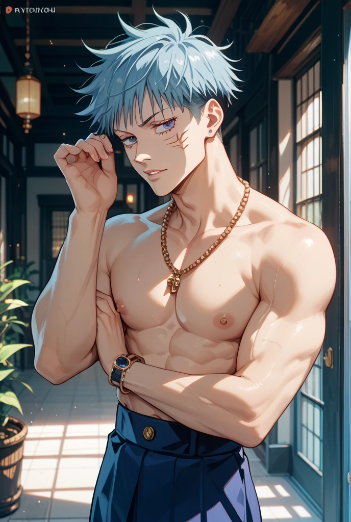 absurdres, highres, ultra detailed, HDR, master piece, best quality, Gojou Satoru, white hair, expressive blue eyes, white eyelashes, Jujutsu Kaisen, solo, sexy man, handsome, horny, lewd, black hat, fantasy black pirate clothes, accessories, showing the chest, beach, sea, petals, flowers