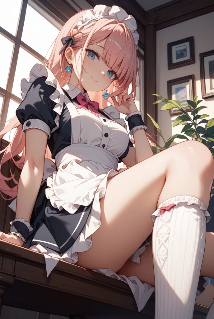 highest quality, masterpiece, ((1 girl:1.5)), ((smile:1.3)), (blush:1.3), Black Shirt, blouse, ((fun!!)), (Small breasts), Blonde, (Long sleeve), ((White apron:1.5)), ((Maid)), ((hair ornaments)), Kamimei, look at me, ((in house:1.5)), Taking a break from watching the audience, ((spread legs:1.5)),, (Highly detailed pink striped panties:1.3), (Highly detailed panties:1.3), ((Panties fully exposed:1.5), Light blue eyes, long hair, Glowing Eyes