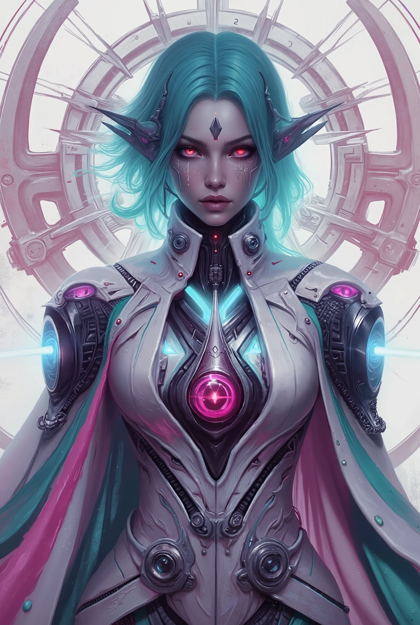She's striking a bold attacking pose, neon colored, (Best Quality , 4K , 8K , High Resolution , Masterpiece: 1 . 2) , (Super Detailed , Realistic , Photorealistic:1 . 37), A mystical female figure with cian hair and glowing red eyes, wearing an elegant futuristic robe with geometric patterns and eye-like motifs. Her armor is white and cian and magenta, biomechanical in design, with symmetrical glowing ornaments and intricate details. elegant posing, bold posing, Art style inspired by Yoshitaka Amano and H.R. Giger, with a divine, sci-fi aesthetic. Center composition, clean background with sacred geometric lines, ultra-detailed, soft gradient lighting, 8K, digital painting.