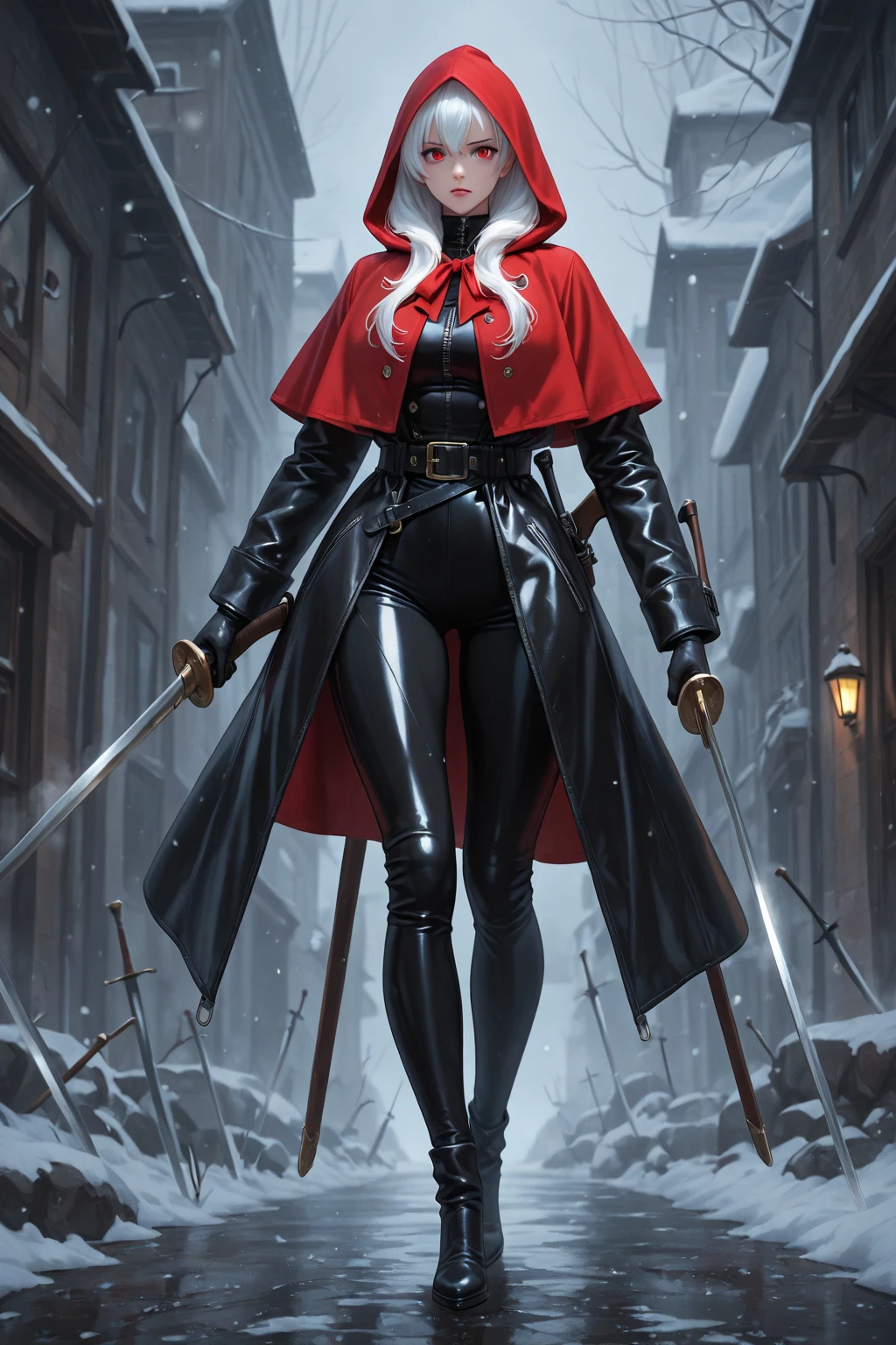 ((Full body photo, standing, feet on the floor)) full body Esbian, of the highest quality, Intricately detailed skins, Shiny skin, Shiny hair, pale complexion,Big breasts), Red sky, Continuous snow, Castle terrace, ((Skull Mark)), ambitious, Seductive Woman, Gray hair, Long hair, Hair fluttering in the wind, Skull mask on half of the face, Detailed tattoos, Red leather clothes, Red sleeveless clothes, Red leather coat, Black leather gloves, Solid Gold Bracelet, leather skirt red skirt, , small hat, (Leather Belt), Look far away