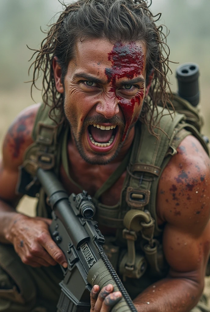 Helen Skelton, Vietnam War era, close-up action shot from ground level, naked US soldier, tattoos, frowning, sweating, damp blonde hair, bloodied and bruised, sunny, holding M16, on a bloody battlefield, explosion, fires