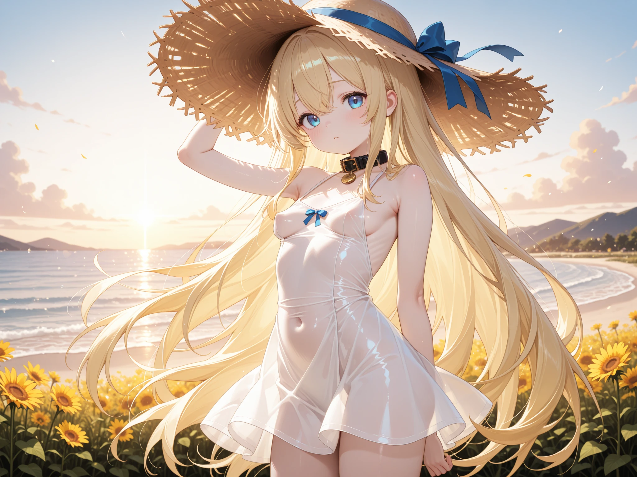 Yellow Hair,Blue eyes,Carly,Adorable,((A look at the sheer, see-through blue mini dress)),Blue high heels on her feet,whole body,Fingers and arms are not exposed,Blue rose flower field in the background,Blue sky and white clouds,,Happy expression,High quality light and shadow,Artistic Sense((Hair Bun))(Very long hair))((Blunt bangs))((Bitch))((tsurime))((Big eyes))((Skinny body))((expensive))(Pale skin))((Botanical Prints))((infant))((Showing nipples under shirt))(Pale skin))((Botanical Prints))((infant))((nsfw))((((5 years old)))(((infant)))((Lolita)((Naked lower body))