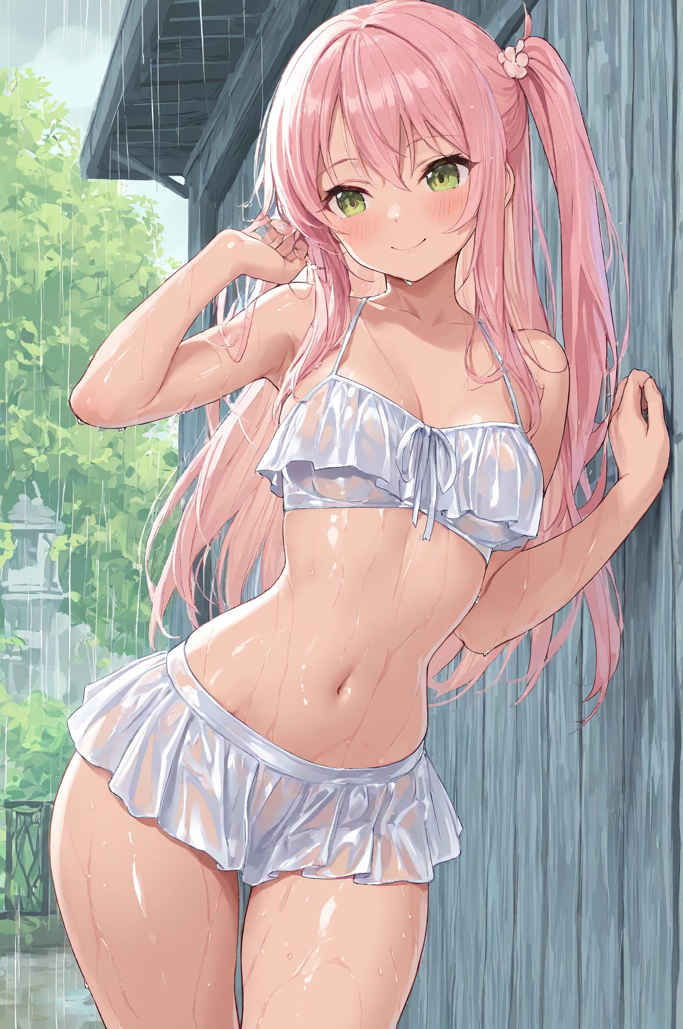 nsfw,((perfect anatomy,realistic,:1.3,RAW Photography:1.3,masterpiece、highest quality、Ultra - High resolution、High resolution、Highly detailed CG、8K)),cowboy shot,1 female,solo,20 year old beauty,((beautiful detailed face and eyes,big gorgeous eyes,pink eyes)),(pink hair,long hair,blunt bangs,straight hair)),(medium breasts,slender body,small head:1.3,skinny,tan skin,gleaming skin,shiny skin),((topless,nipples,white panties,black_thighhighs sweat:1.4,wet:1.5)),sitting、black sofa、Japanese-style house、Tokyo、moonlight、