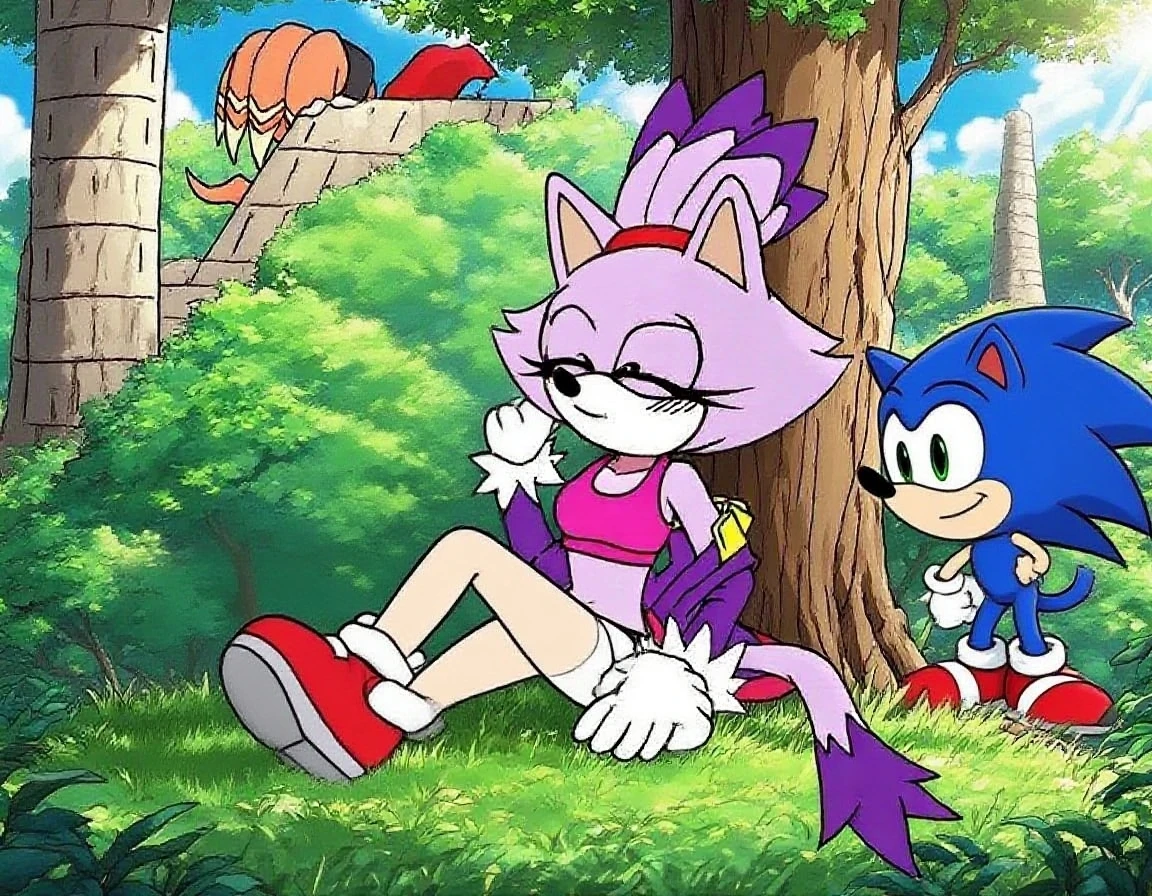 [Blaze the cat], [Uploaded to e621.net; (Pixelsketcher), (wamudraws), (napalm_express)], ((masterpiece)), ((HD)), ((furry)), ((solo portrait)), ((POV)), ((detailed fur)), ((detailed shading)), ((cel shading)), ((beautiful render art)), ((intricate details)), {anthro, (slim figure), purple fur, black nose, cat ears, (cute yellow surprised eyes), (small pupils), (red gem on forehead), long tail, (tied-up hair), (small boobs), (gorgeous hips), (beautiful legs), (sweat on forehead), (white fluid on face), (white fluid on chest), (blushing), (surprised frown), (clenching teeth)}, {(white bodysuit), (cleavage), (sleeveless), (tight white spandex leggings), (white fluff-lined gloves), (red-pink fluff-lined boots), (heels)}, {(on grass), (all fours), (on knees), (handjob), (hand on viewer's penis), (looking up at viewer)}, [background; (forest), (spruce trees), (nighttime), (starry sky), (ambient lighting)]