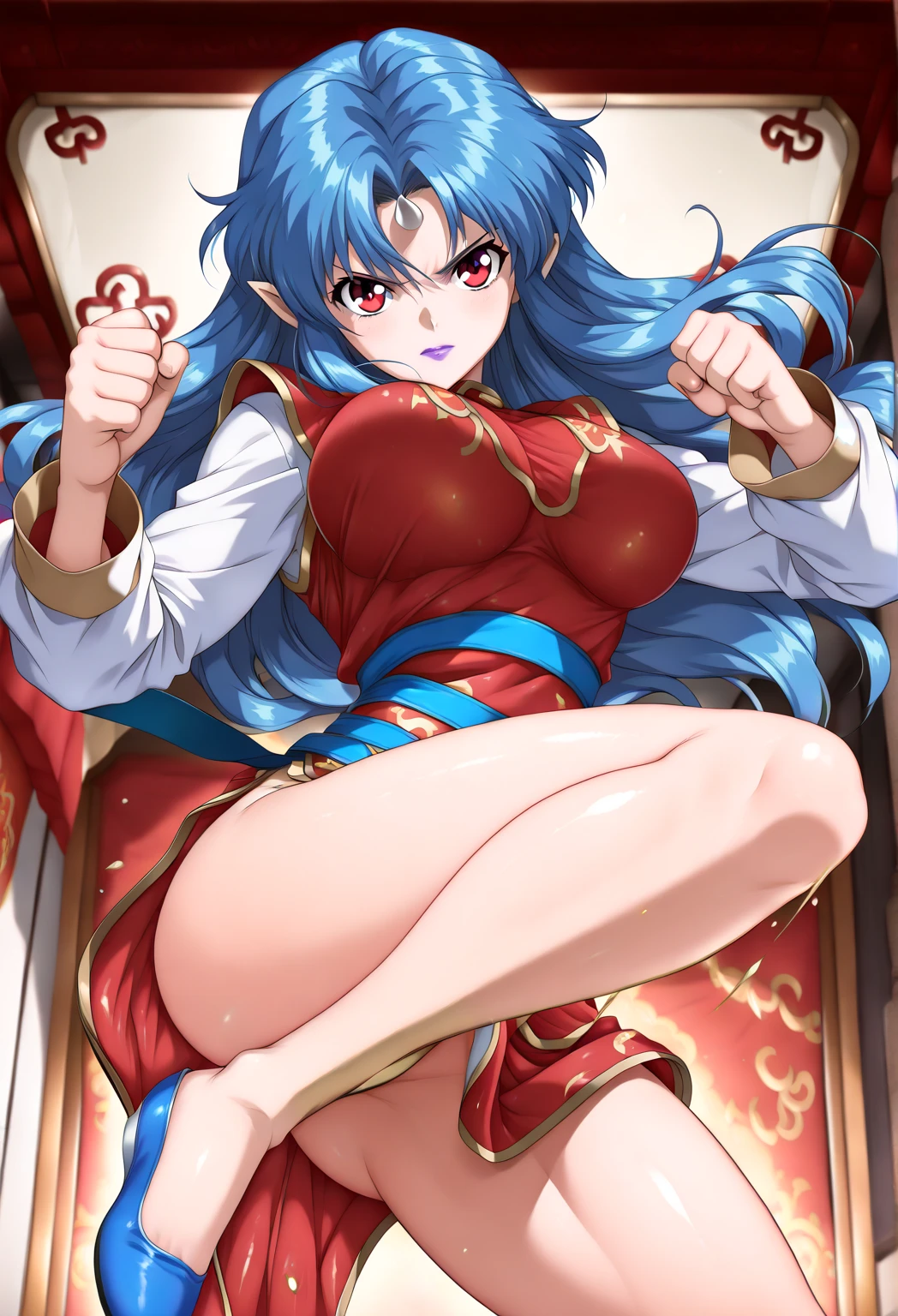 1 girl, bangs, blue hair, bow, box, bracelet, Christmas, Christmas tree, cowboy shot, dress, earrings, Fishnet tights, flower, gift, gift box, hair ornaments, hamel, jewelry, looking at the viewer, colorful hair, necklace, pantyhose, parted lips, purple eyes, red dress, ribbon, Rose, short hair, smile, alone, Thighhighs