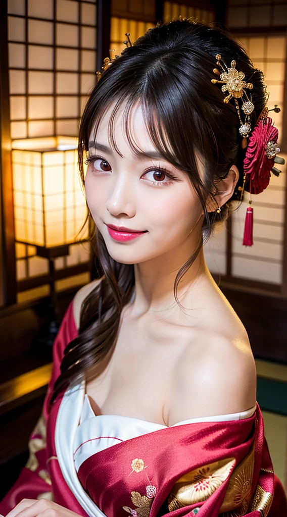 Best Quality, High Resolution, 8K Wallpaper, Beautiful Eyes, Natural Lips, Masterpiece, Super Hi-Res, (Real:1.5) RAW image, One Woman, Off Shoulder, Japanese Oiran, Decollete, Full Length, Dark Kimono
