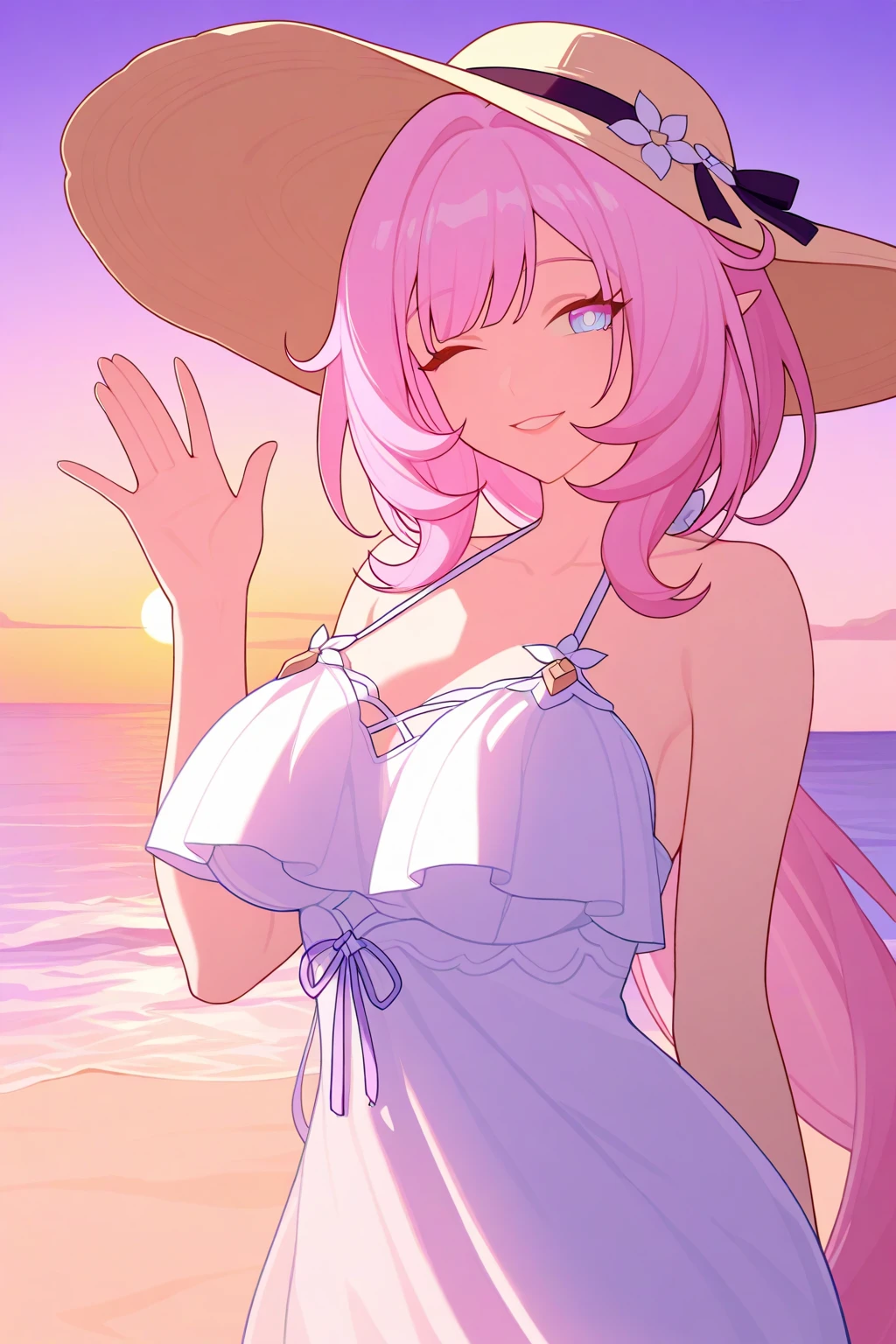 ((Highest quality)), ((masterpiece)), (detailed), 1 Girl, normal brest,Smiling girl, sister-in-law,, White Light Side Jacket See-Through, Straw hat, Tank top、hot pants, sSunburn, ((Seaside sunset)), Curly Hair, Front shot, Sunburn, , Long and shiny hair, goddess, laugh seductively, Blushing, hot, sexy, Sunburn skin, 