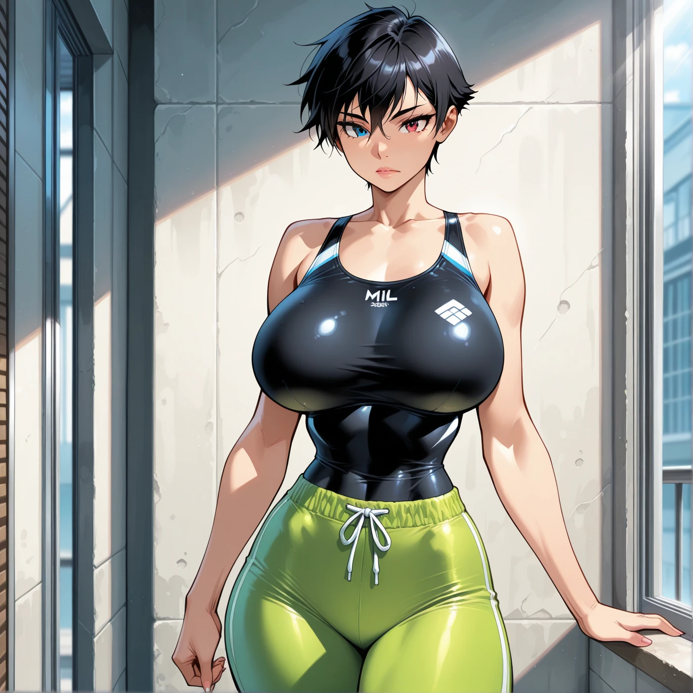 ((8k, UHD, anime infinite stratos art, epic quality, epic texture)). The theme is workout.  The setting is a weight training gym, very detailed(1.5).  There is a girl, 18 years old, very short(1.9) and very messy(1.3) black hair, messy bangs, bright green eyes, beautiful face, measures 150 centimeters tall, very skinny and muscular(2.8) body, narrow(1.3) and muscular chest, flat((2.5)) breasts, thin waist, muscular(1.9) hips, big and muscular(1.9) ass, thick and muscular(1.9) thighs, She wears a short(1.7) red shorts-type bodybuilding jumpsuit open at the back, she is standing to the side, showing of her back, full body vision.  The atmosphere is cool.