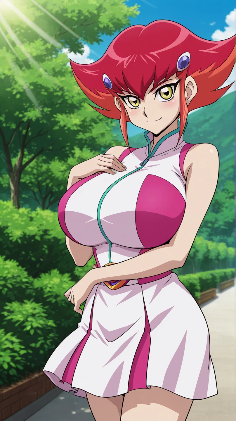Kei from The Dirty Pair wearing a skimpy white outfit, cleavage, green headband, bushy red hair