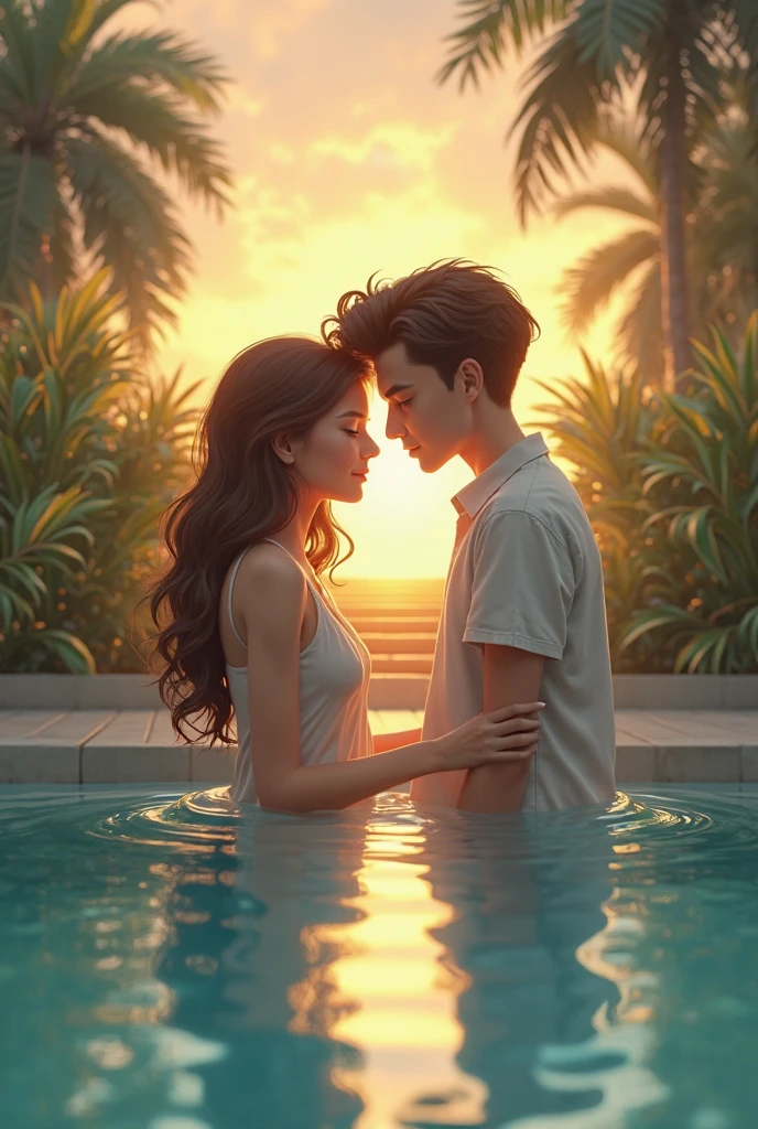 image of a 40 year old short brown haired woman MILF , swimming with an 18 year old boy in a turquoise lake she is wearing a light blue bikini, sky background with two moons, the lake forms a beach, They hug each other in the water and smile a lot.