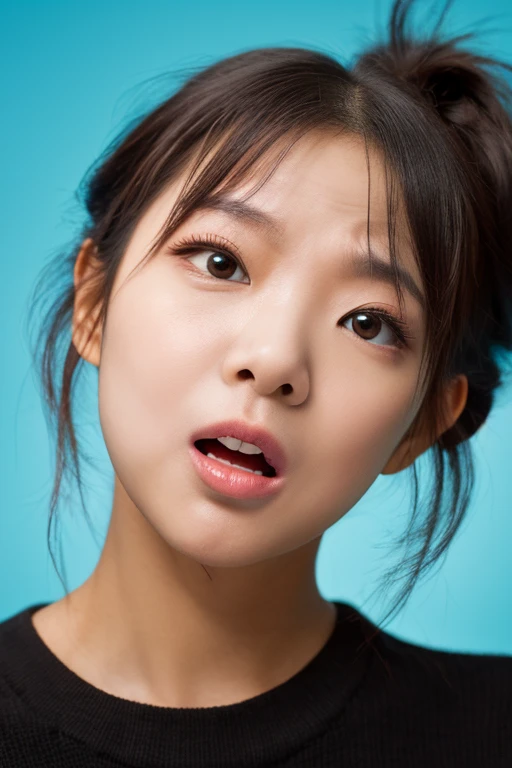asian girl face, closeup, portrait, eyes open, mouth open, angry