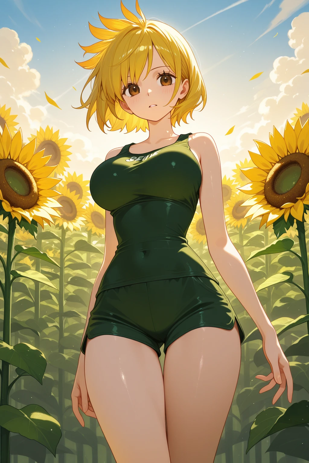 woman wearing ((large Sunflower) printed black one-piece)