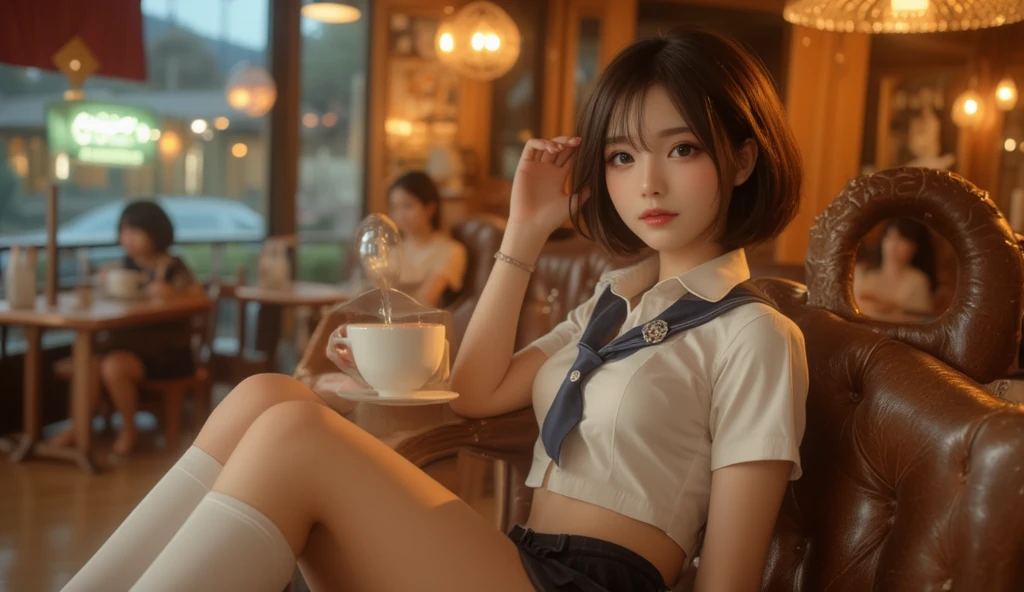 ((Best Quality, 8k, Masterpiece: 1.3)), Sharp Focus: 1.2, K-pop Idol Looks, Beautiful Girl, Pretty Face, 24 Years Old, Small, Flat Breasts, Short disheveled Hair, Sitting, Spread Legs, Uniqlo Casual Outfit, (Skirt: 1.1), (Skirt Twisted to Show White Panties: 1.2), Cafe, Sunlight, Dramatic Angle, Tenderness, Movie Lighting, From below, (8k, masterpiece, highest quality, raw photo)
