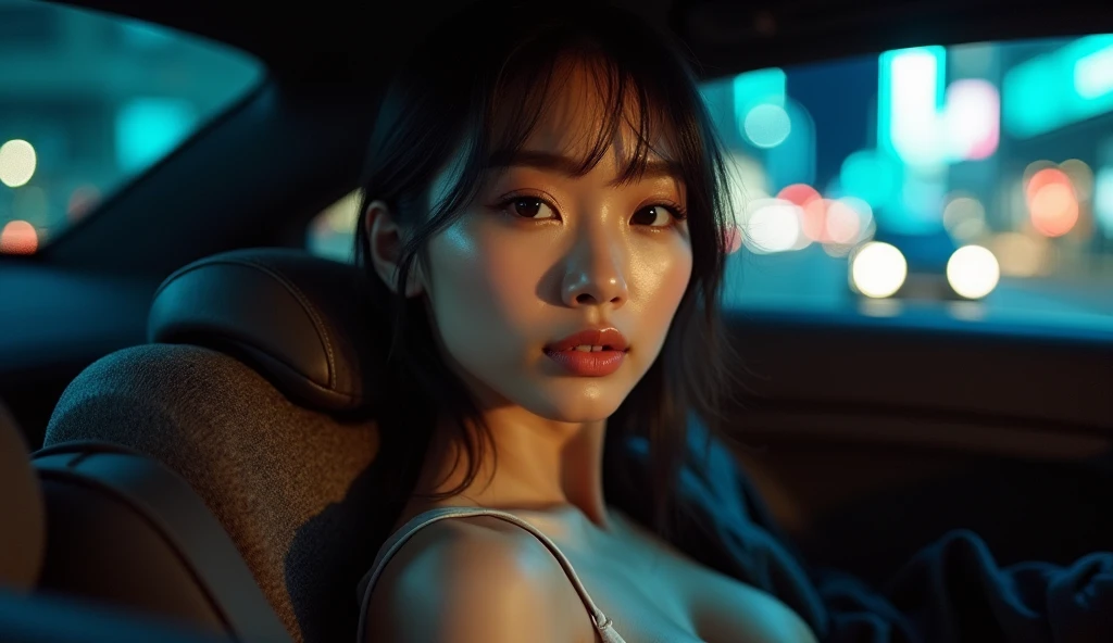 Portrait of a beautiful naked sexy Korean woman in a Ford car, symmetrical face, lights, moody atmosphere, sharp eyes