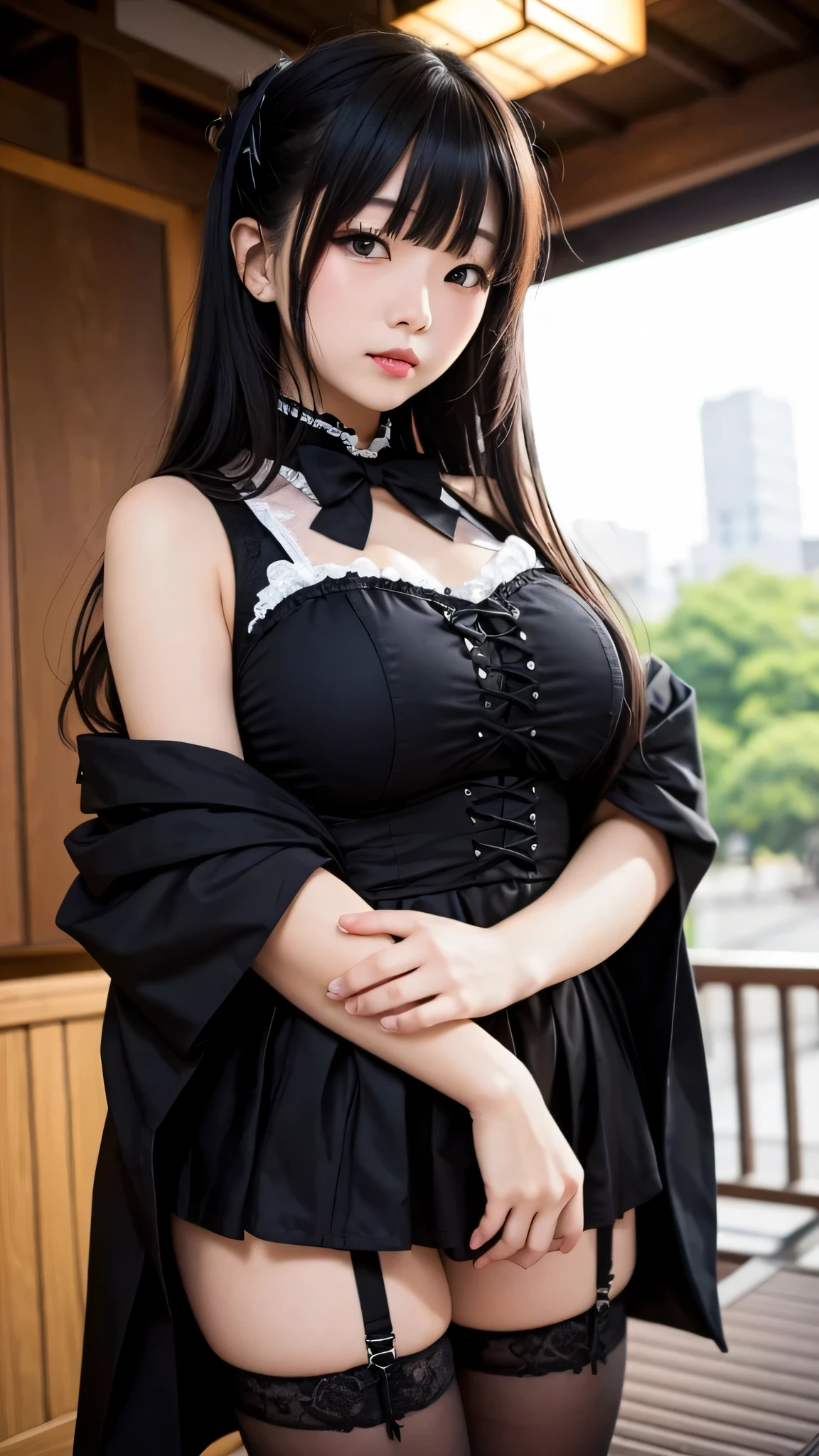 25 year old human girl with Mediterranean features, very long black hair, has super gigantic breasts, slim body, torn blouse that cannot contain her breasts, black pleated miniskirt, has a slave's neck, each breast is tied with ropes, his arms are on poles at his sides, in a forest he has a proud look