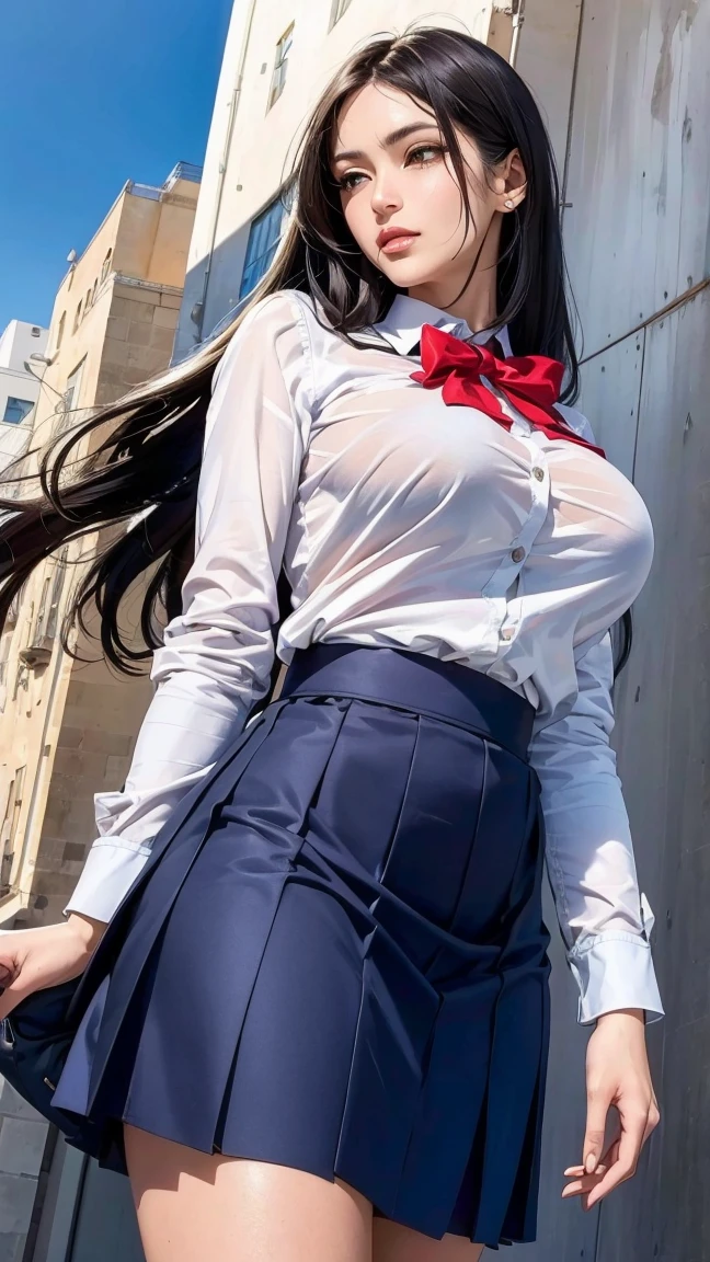 masterpiece, Highest quality, Super detailed, 超High resolution, Realistic, 4K, 8k, Highest quality, masterpiece, Best image quality, Very detailed, 超High resolution, Realistic描写, anime, comics, masterpiece, Highest quality, High resolution, 1 Girl, Anna Yamada, Anna Yamada, Black Hair, Long Hair, Brown eyes, White shirt, Cleavage, Navy Blue Skirt, Short skirt, Black Stockings, You can see the shape of the nipples, Sexy panties, Cowboy Shot, Bedroom, bed, bedroom, bed, Spread your legs, Panty shot, Wedgie in underwear, (From below:1.5), Panty shot, Realistic Skin, Shiny skin, Shiny skin, Sweaty Feet, Roll up your skirt, White panties, Very detailed顔, Perfect Sentence, Detailed CG, (Perfect hands, Perfect Anatomy), (Embarrassed look:1.5),