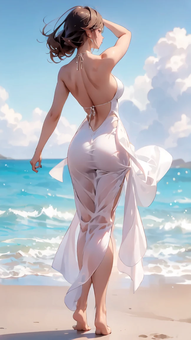 (masterpiece, best quality), female senior, graceful, greek, brown eyes, lobed ears, cleft chin, round cheeks, receding forehead, square face shape with angular jaw, , __bo/chars/haircolor__ blunt cut hair, worry wearing __Bo/clothings/nsfw/female-attire__, walking away pose, walking away with a confident and alluring stride, creating a captivating and mysterious pose, lens flares, dreamy flares adding a whimsical and romantic touch to the visuals, a sunny beach, with families building sandcastles and enjoying the ocean