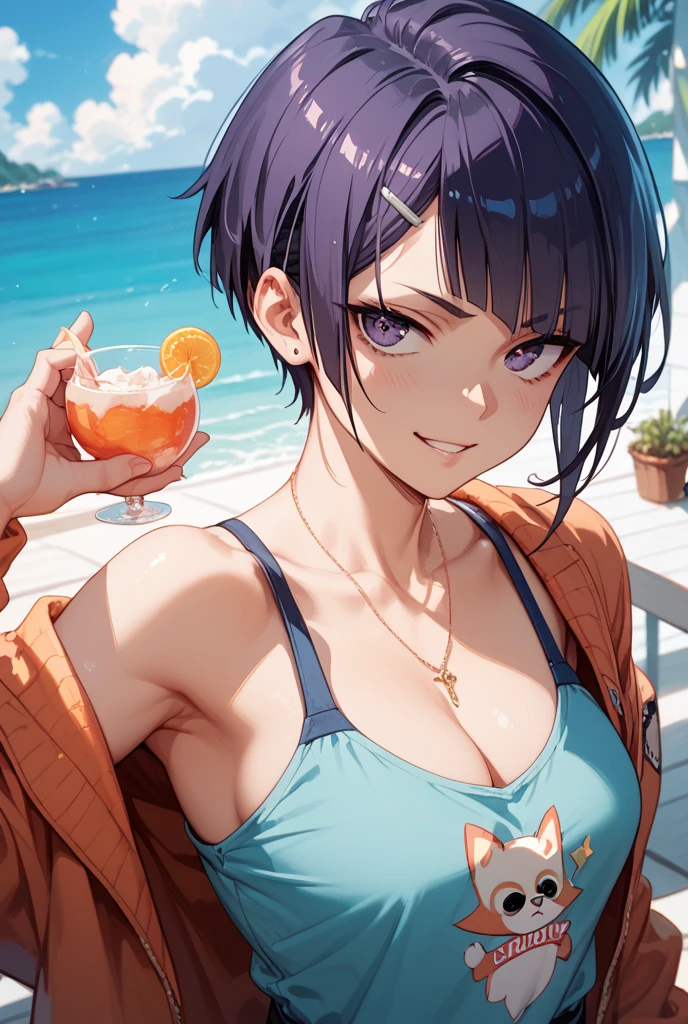 High resolution, high quality, One girl, Anime Girls, dark purple hair,short hair,pixie cut,blunt bangs,dark purple eyes,heart shaped pupils,tareme,ahegao, Glowing Skin, Large Breasts,beautiful breasts,pointy breasts,long nipples, Big Ass,beautiful ass,Embarrassed,sweat,wet,Tank Top,lower body,sitting,open legs,Groin tattoo,glowing tattoo,cherryblossom,at cafe,(water),(water),(lemon juice),(orange juice),(Pineapple juice),(Mango juice),